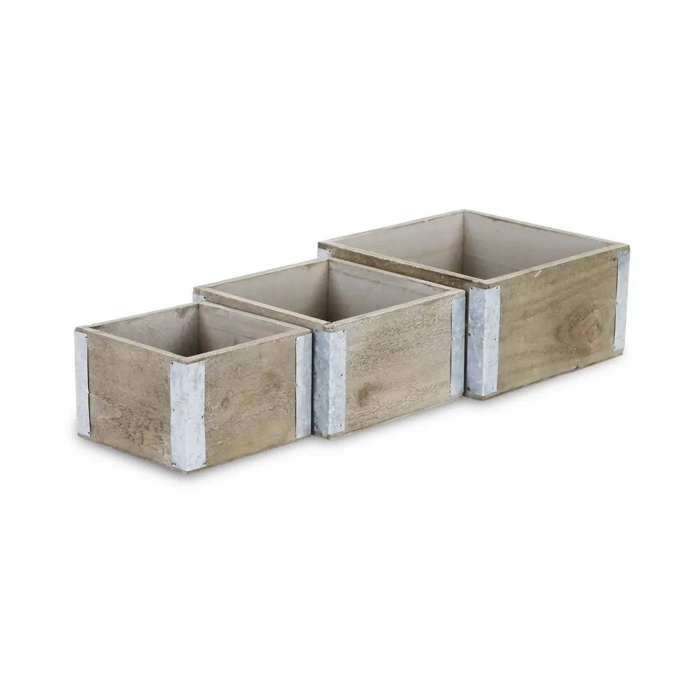 Set of Three Brown Solid Wood And Metal Crate - NOBLE HOME INTERIORS