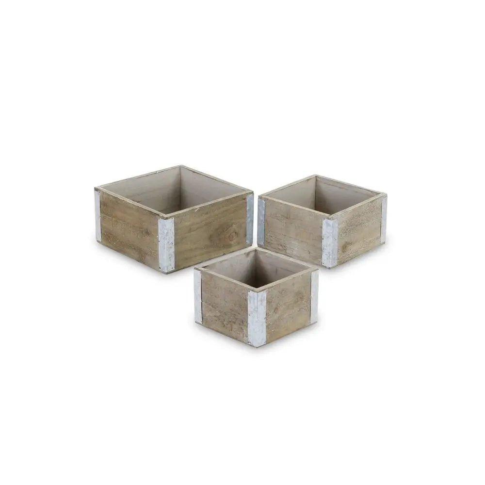 Set of Three Brown Solid Wood And Metal Crate - NOBLE HOME INTERIORS