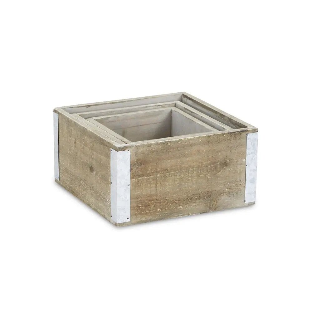 Set of Three Brown Solid Wood And Metal Crate - NOBLE HOME INTERIORS
