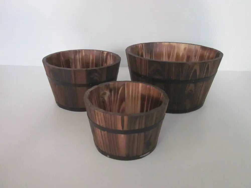 Set of Three Brown Solid Wood Round Pot Planter - NOBLE HOME INTERIORS
