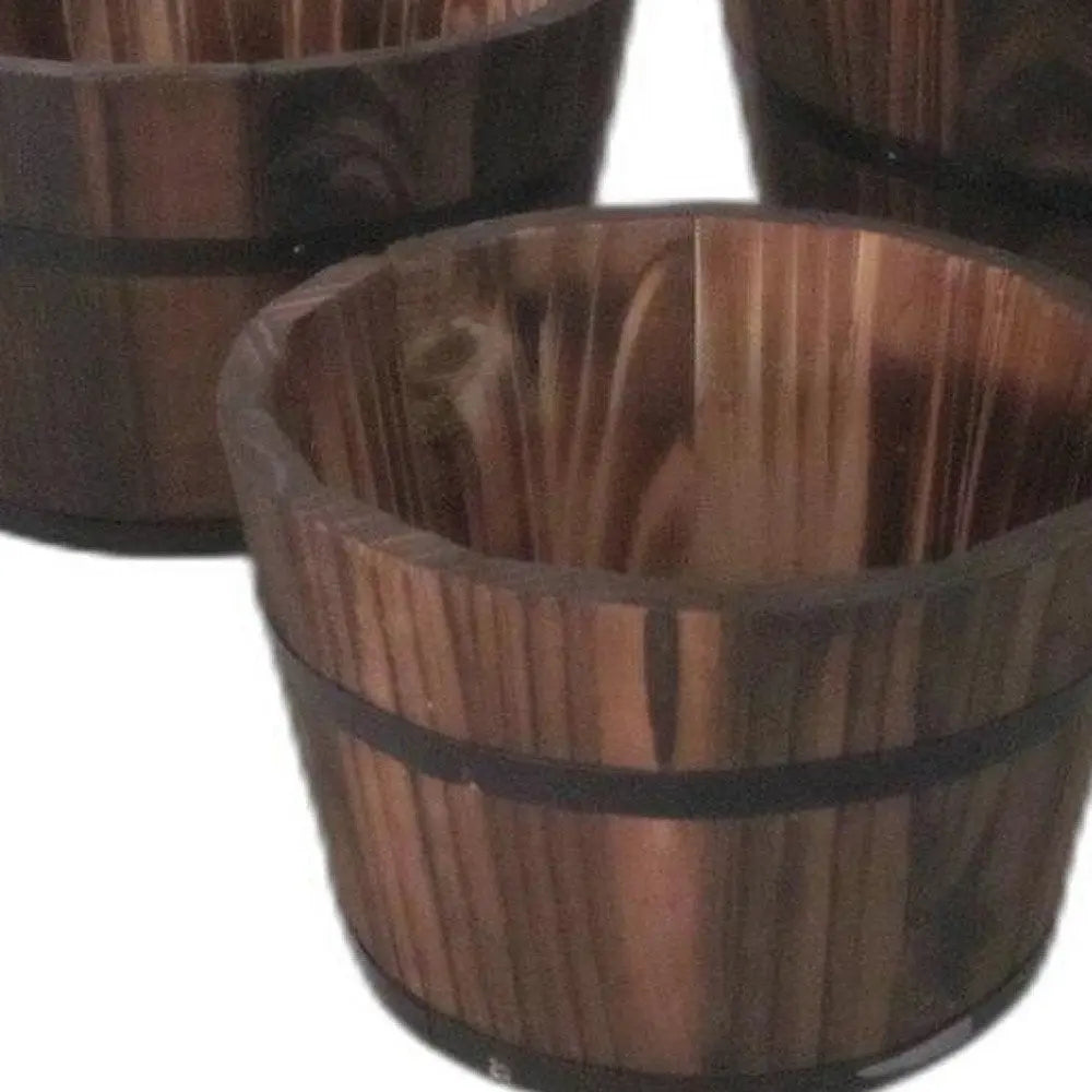 Set of Three Brown Solid Wood Round Pot Planter - NOBLE HOME INTERIORS