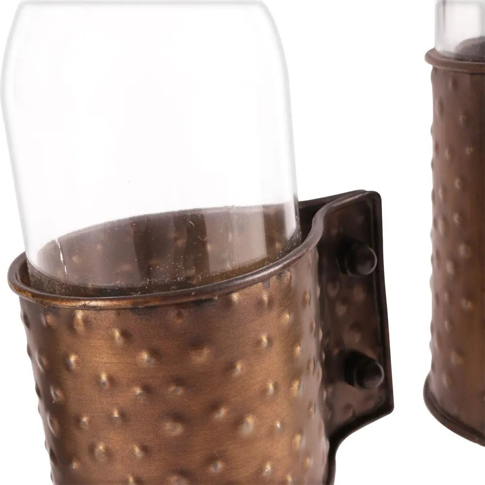 Set of Three Clear and Bronze Hammered Cylinder Metal and Glass Table Vase - NOBLE HOME INTERIORS