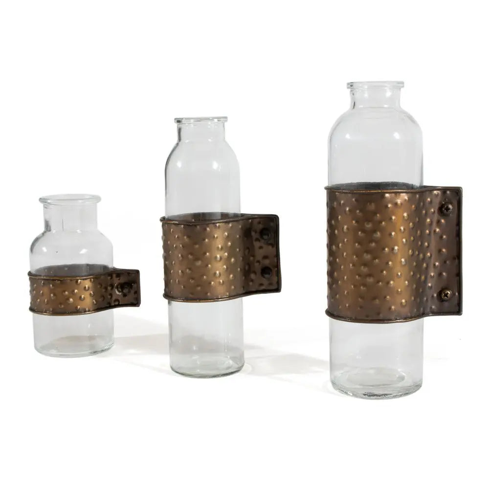 Set of Three Clear and Bronze Hammered Cylinder Metal and Glass Table Vase - NOBLE HOME INTERIORS