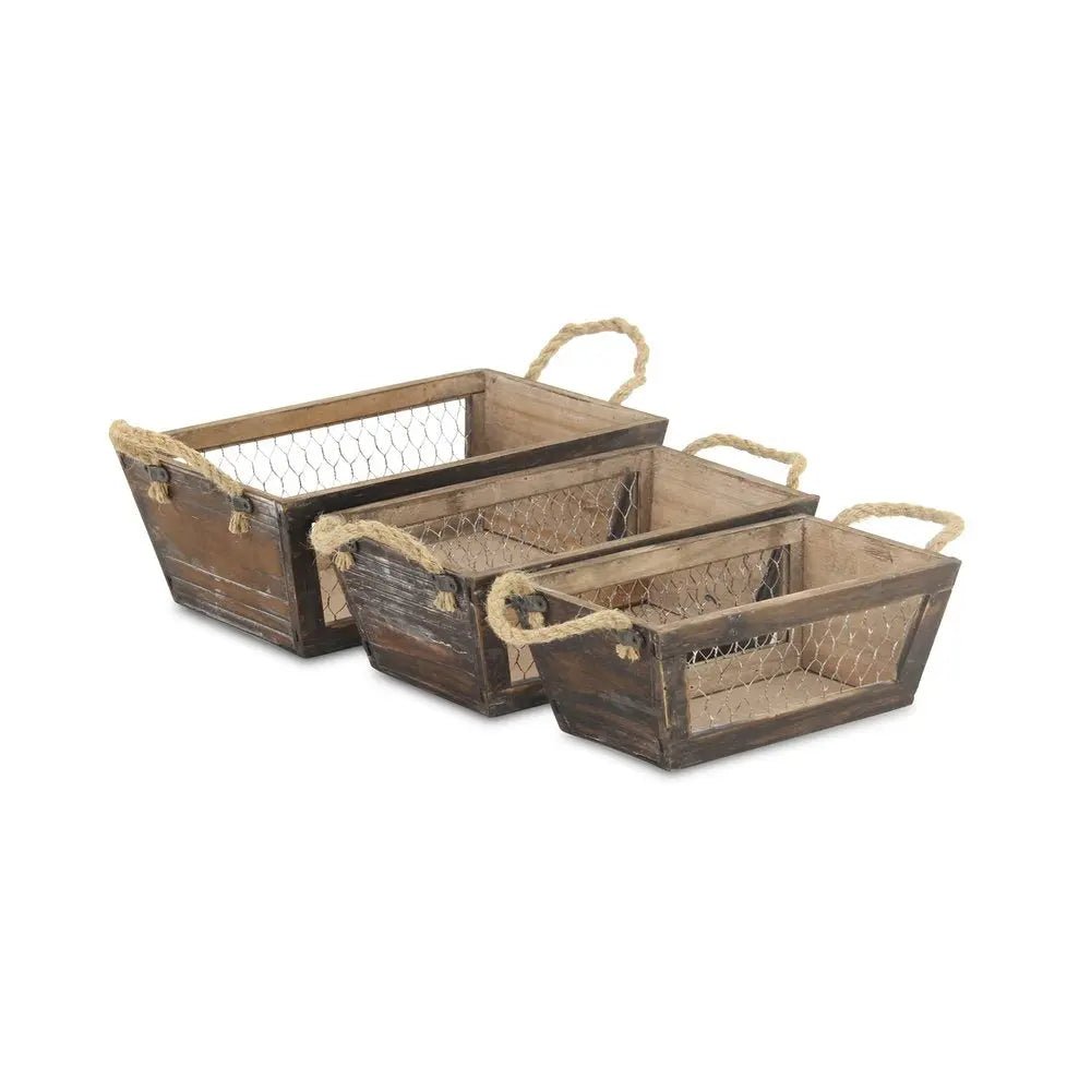 Set of Three Dark Brown Solid Wood And Metal Crate - NOBLE HOME INTERIORS