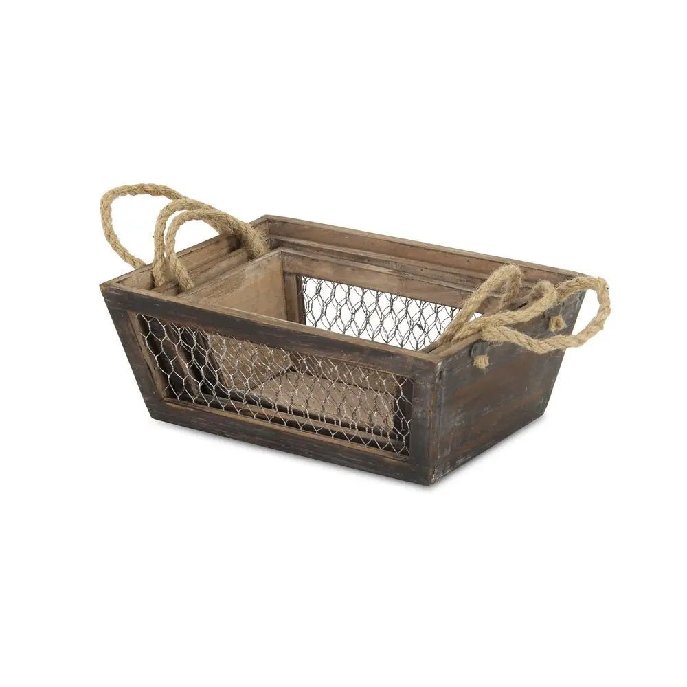 Set of Three Dark Brown Solid Wood And Metal Crate - NOBLE HOME INTERIORS