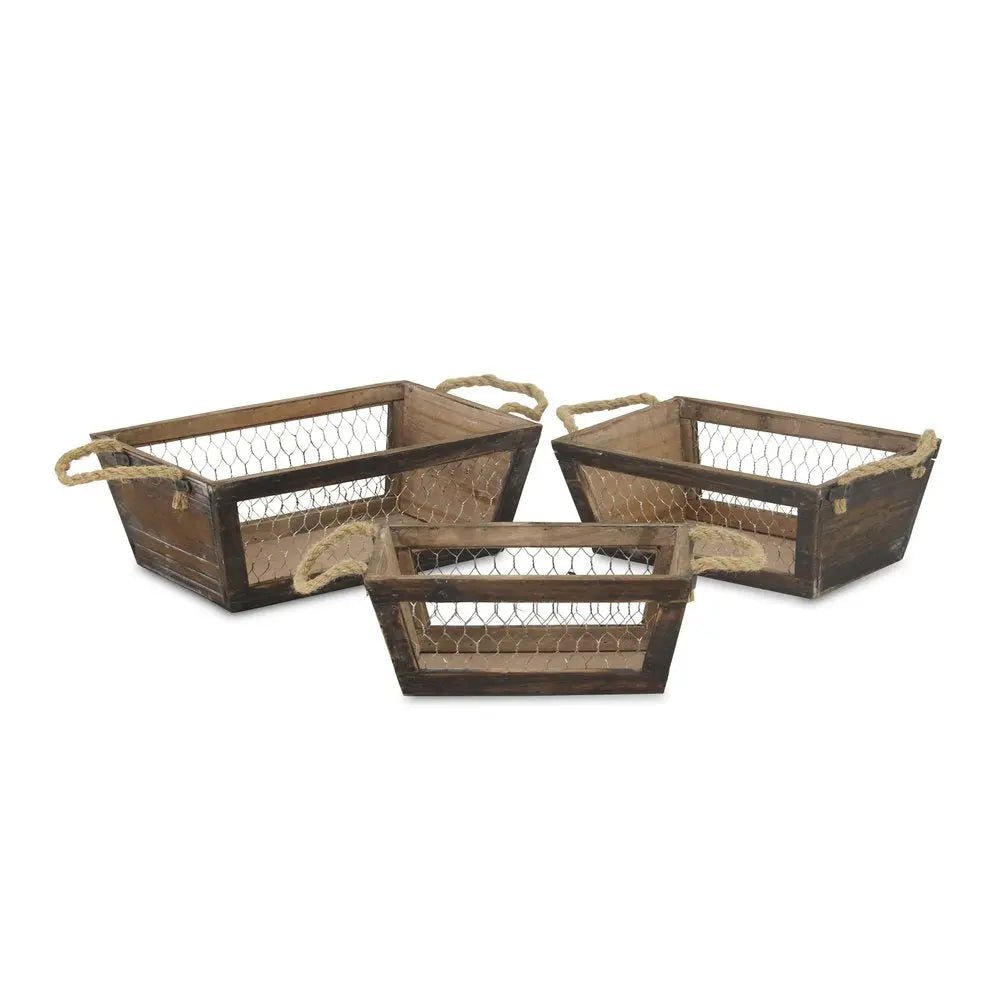 Set of Three Dark Brown Solid Wood And Metal Crate - NOBLE HOME INTERIORS