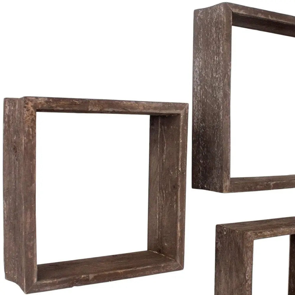 Set of Three Espresso Wood Square Hanging Dimensional Sculpture - NOBLE HOME INTERIORS