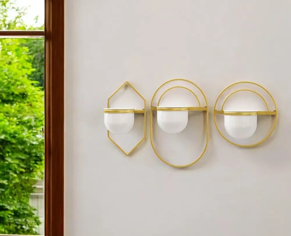 Set of Three Gold And White Metal 10 Ounce Wall Planters - NOBLE HOME INTERIORS