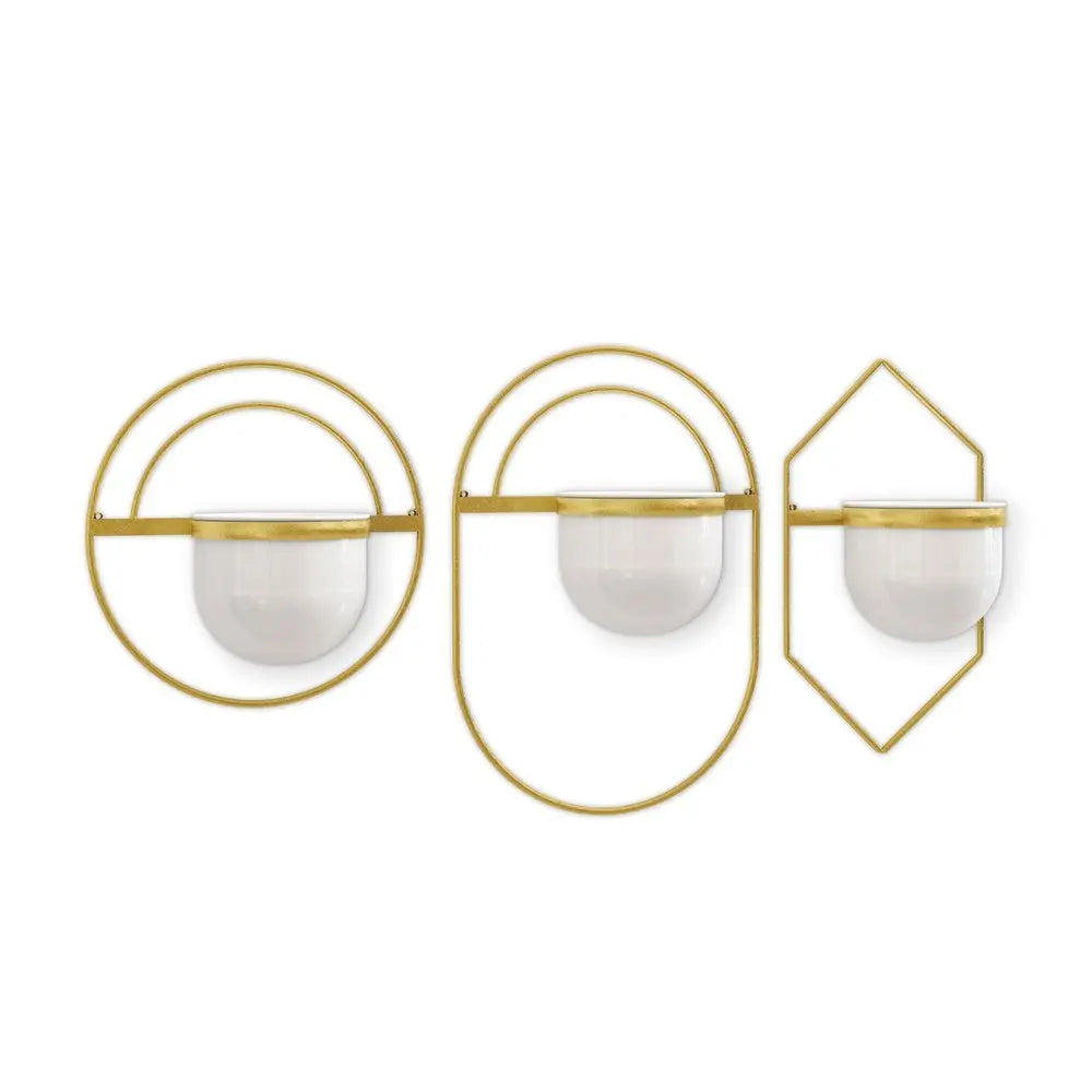 Set of Three Gold And White Metal 10 Ounce Wall Planters - NOBLE HOME INTERIORS