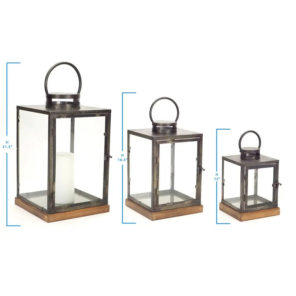 Set of Three Gray And Brown Distressed Geometric Glass Metal And Wood Floor Lantern Candle Holders HomeRoots