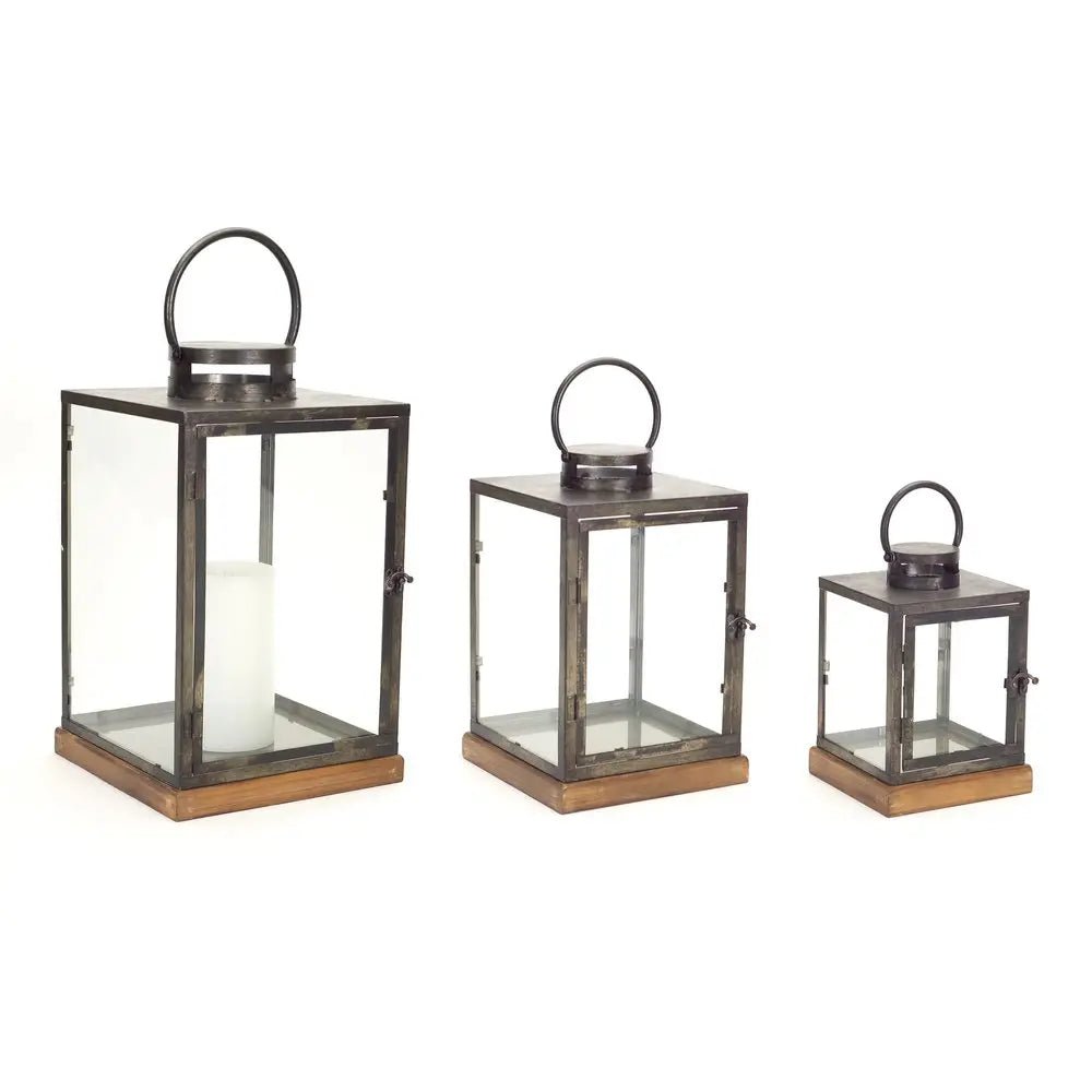 Set of Three Gray And Brown Distressed Geometric Glass Metal And Wood Floor Lantern Candle Holders HomeRoots