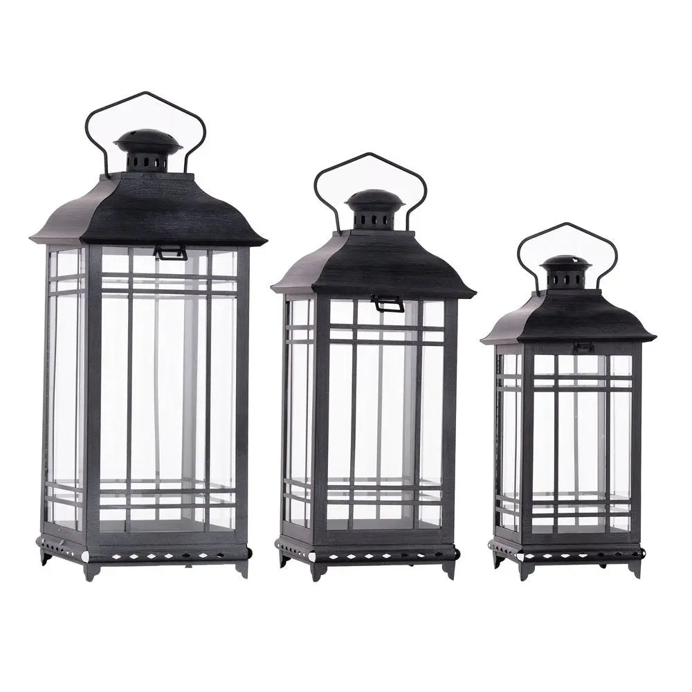 Set of Three Gray Distressed Geometric Glass And Metal Floor Lantern Candle Holders - NOBLE HOME INTERIORS