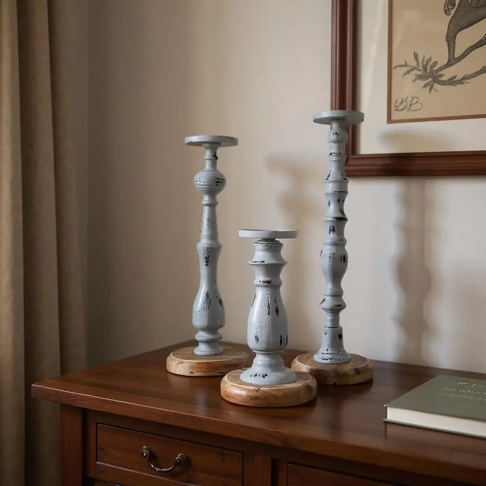 Set of Three Gray Distressed Wood Tabletop Pillar Candle Holders - NOBLE HOME INTERIORS
