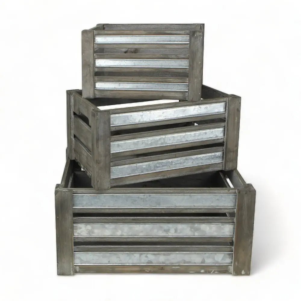 Set of Three Gray Solid Wood And Metal Crate HomeRoots