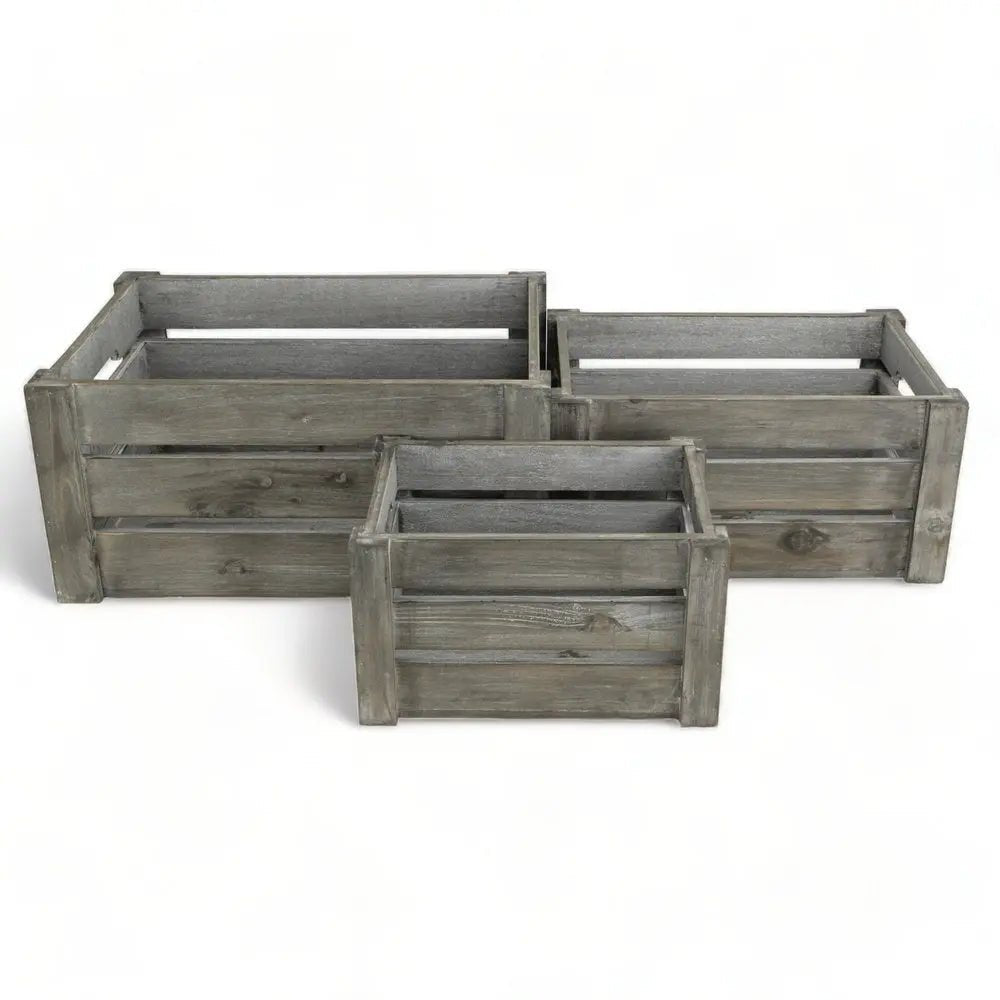 Set of Three Gray Solid Wood And Metal Crate HomeRoots