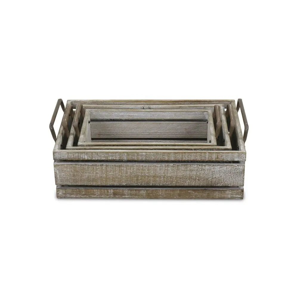Set of Three Gray Solid Wood And Metal Crate HomeRoots