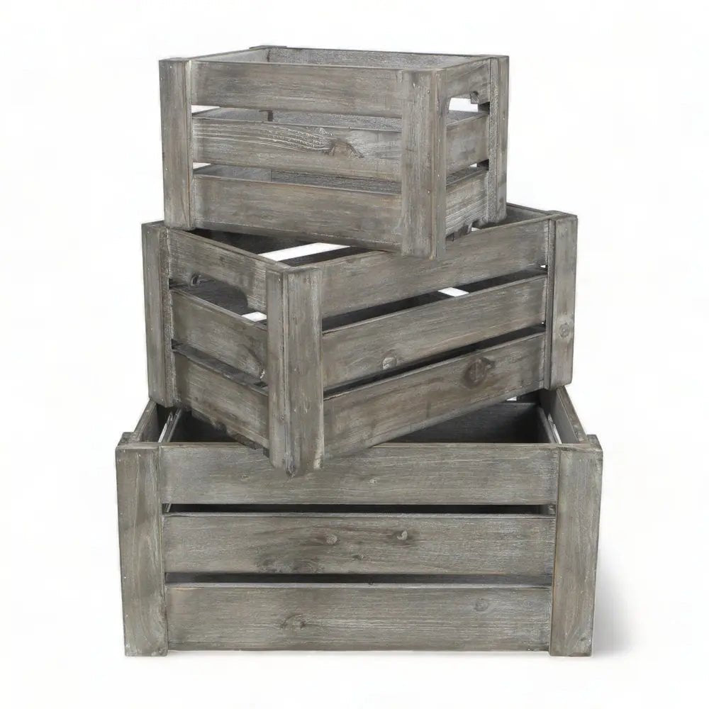Set of Three Gray Solid Wood And Metal Crate HomeRoots