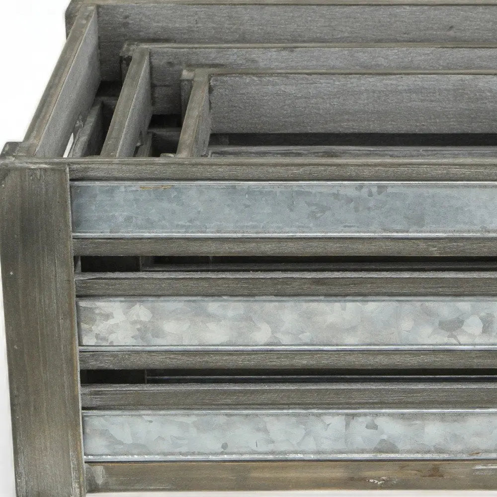 Set of Three Gray Solid Wood And Metal Crate HomeRoots