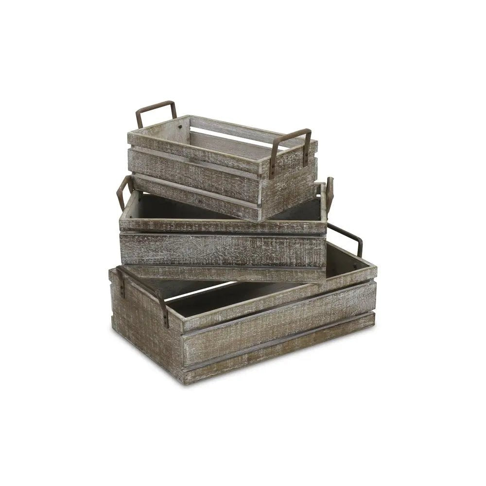 Set of Three Gray Solid Wood And Metal Crate HomeRoots