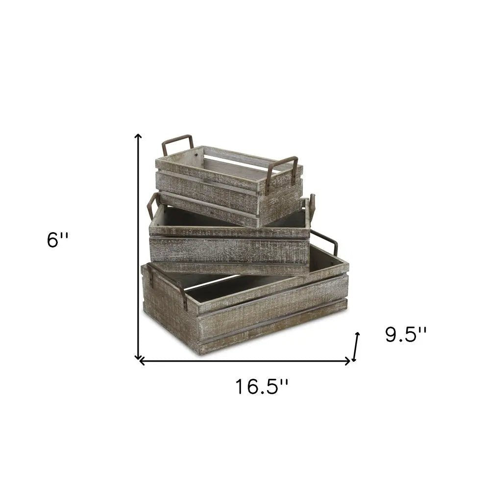 Set of Three Gray Solid Wood And Metal Crate HomeRoots