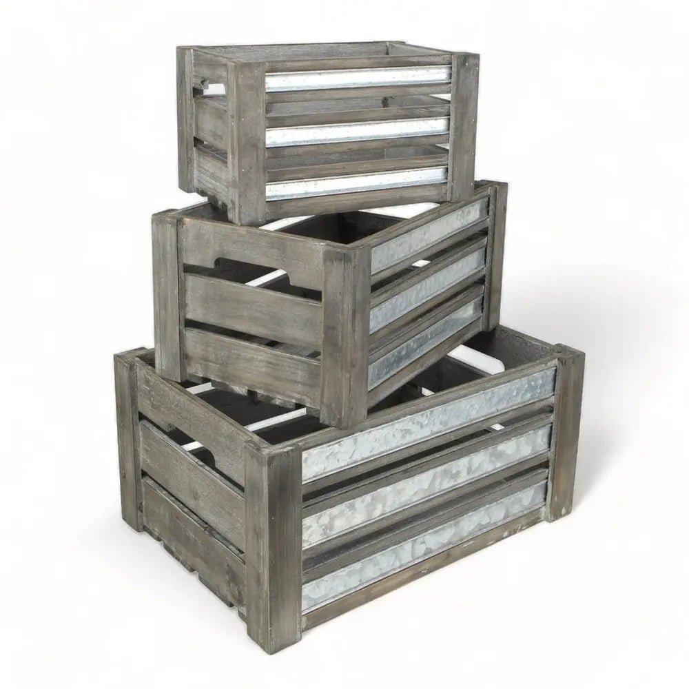Set of Three Gray Solid Wood And Metal Crate HomeRoots
