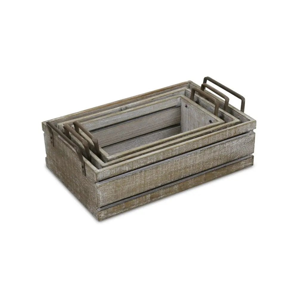 Set of Three Gray Solid Wood And Metal Crate HomeRoots