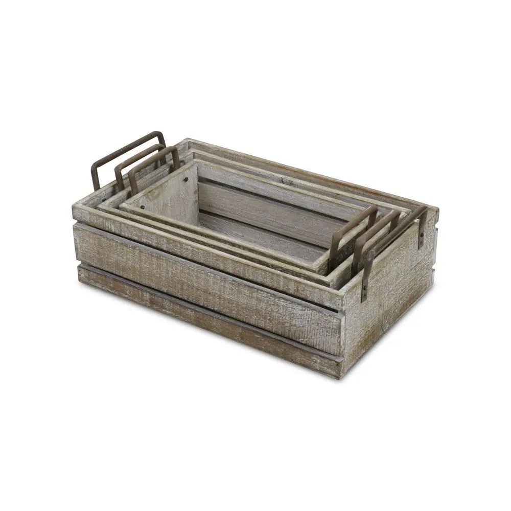 Set of Three Gray Solid Wood And Metal Crate HomeRoots