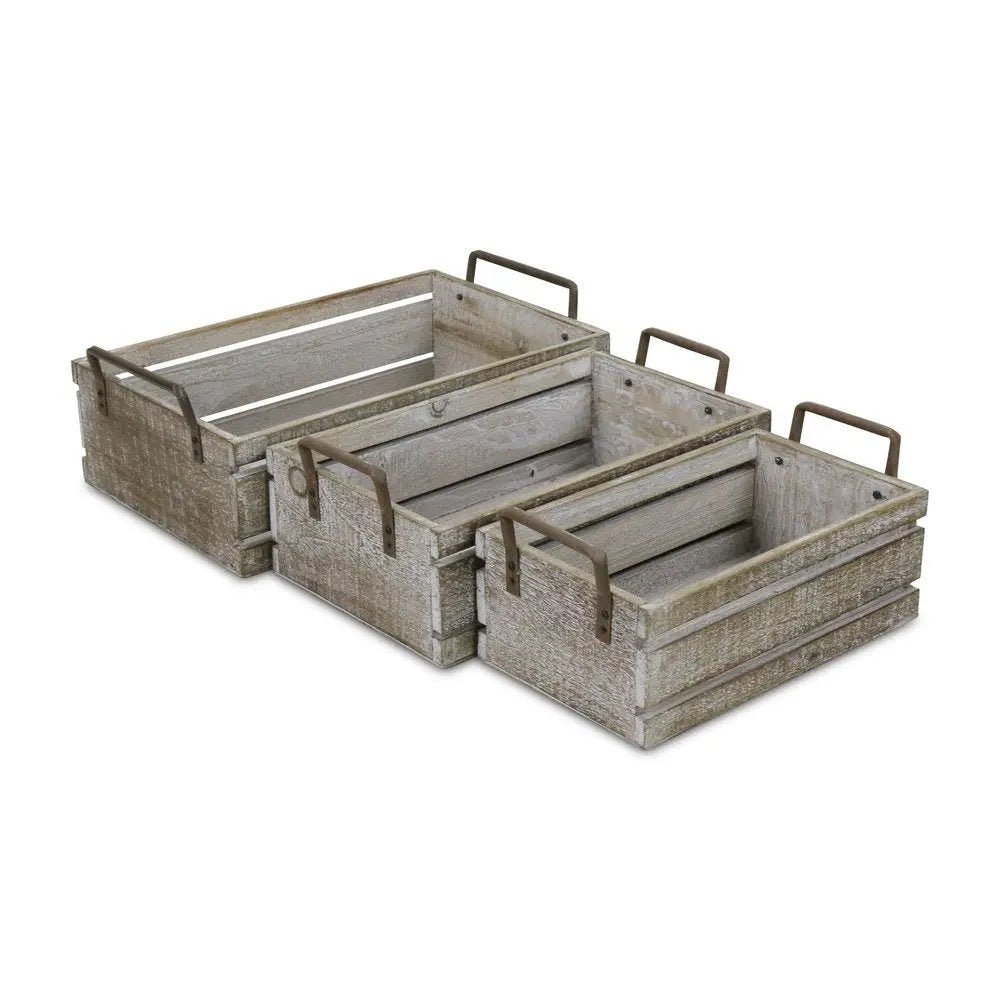 Set of Three Gray Solid Wood And Metal Crate HomeRoots