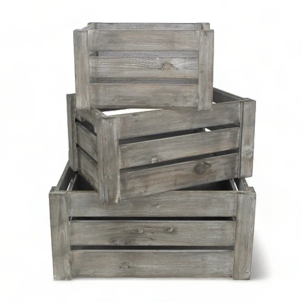 Set of Three Gray Solid Wood And Metal Crate HomeRoots