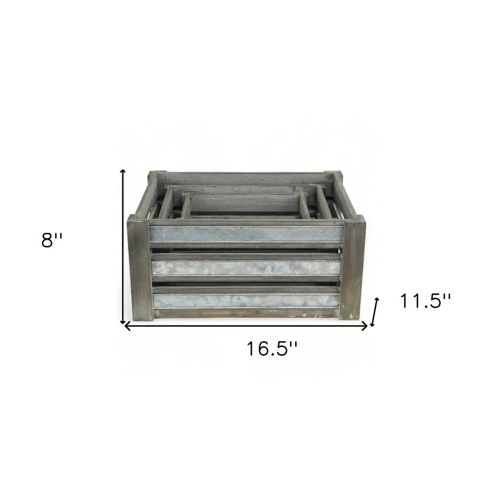 Set of Three Gray Solid Wood And Metal Crate HomeRoots