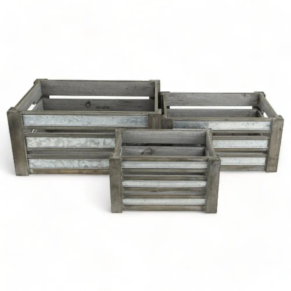 Set of Three Gray Solid Wood And Metal Crate HomeRoots