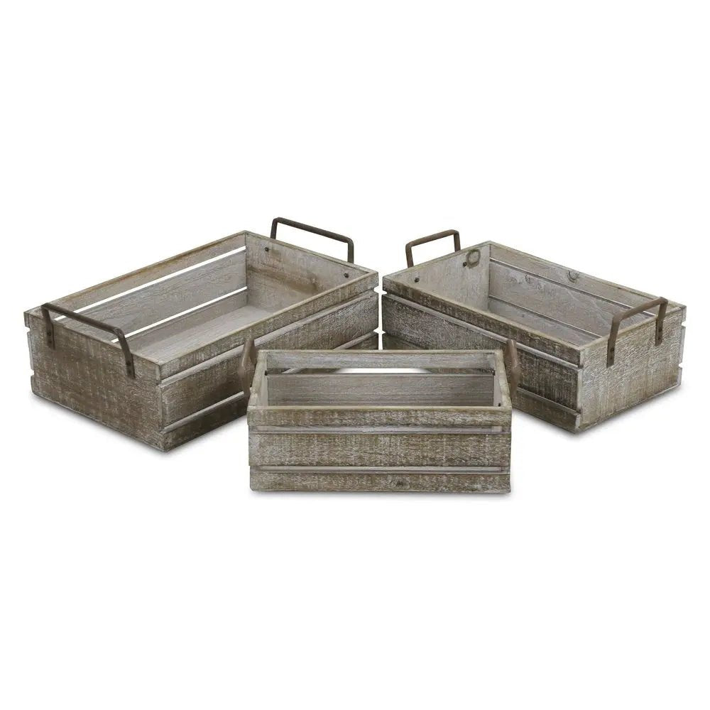 Set of Three Gray Solid Wood And Metal Crate HomeRoots
