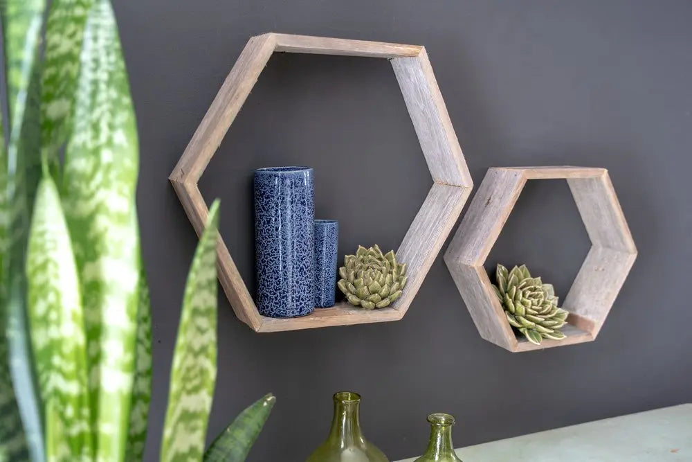 Set of Three Gray Wood Hexagon Wood Open Box Shelves - NOBLE HOME INTERIORS