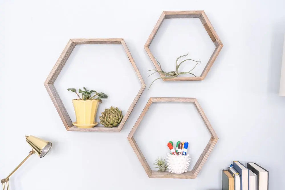 Set of Three Gray Wood Hexagon Wood Open Box Shelves - NOBLE HOME INTERIORS