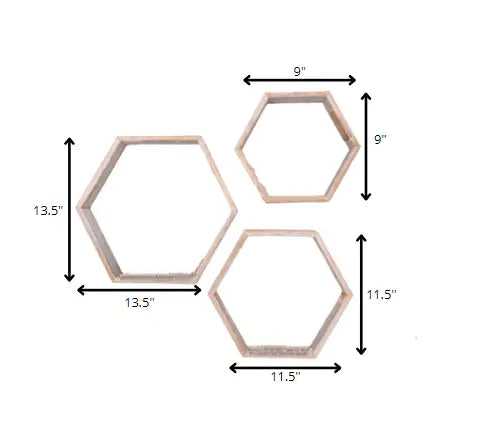 Set of Three Gray Wood Hexagon Wood Open Box Shelves - NOBLE HOME INTERIORS