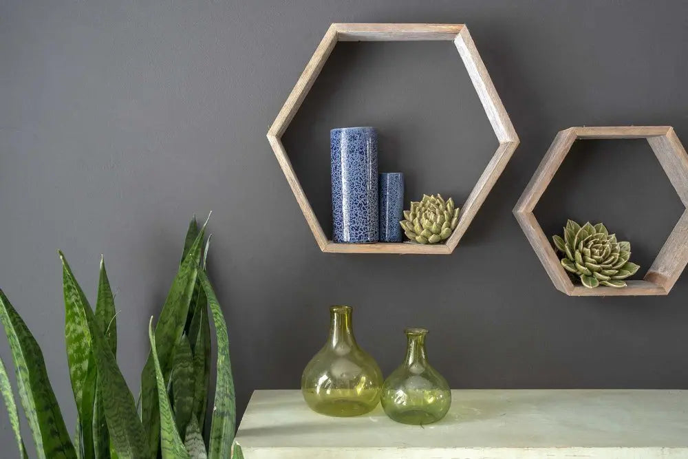Set of Three Gray Wood Hexagon Wood Open Box Shelves - NOBLE HOME INTERIORS