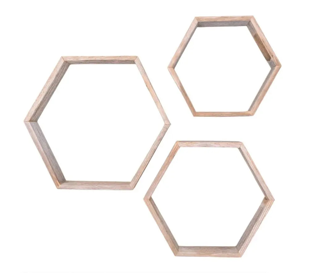 Set of Three Gray Wood Hexagon Wood Open Box Shelves - NOBLE HOME INTERIORS