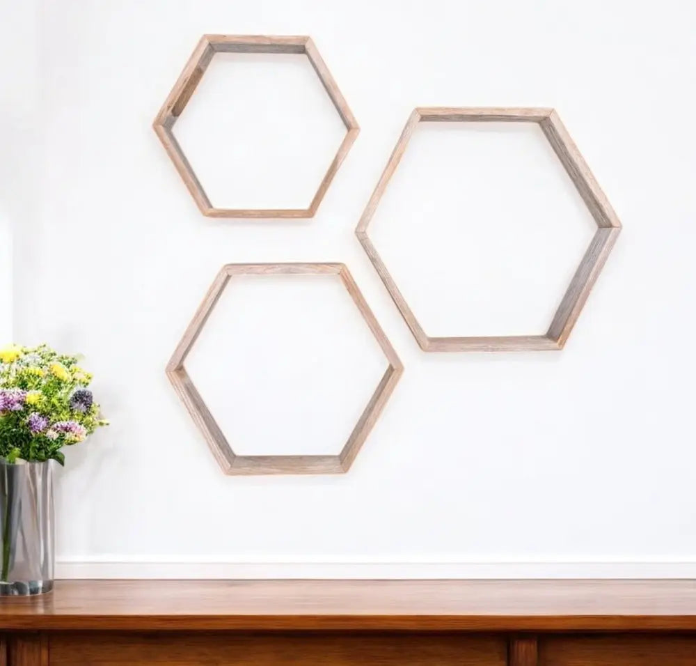 Set of Three Gray Wood Hexagon Wood Open Box Shelves - NOBLE HOME INTERIORS