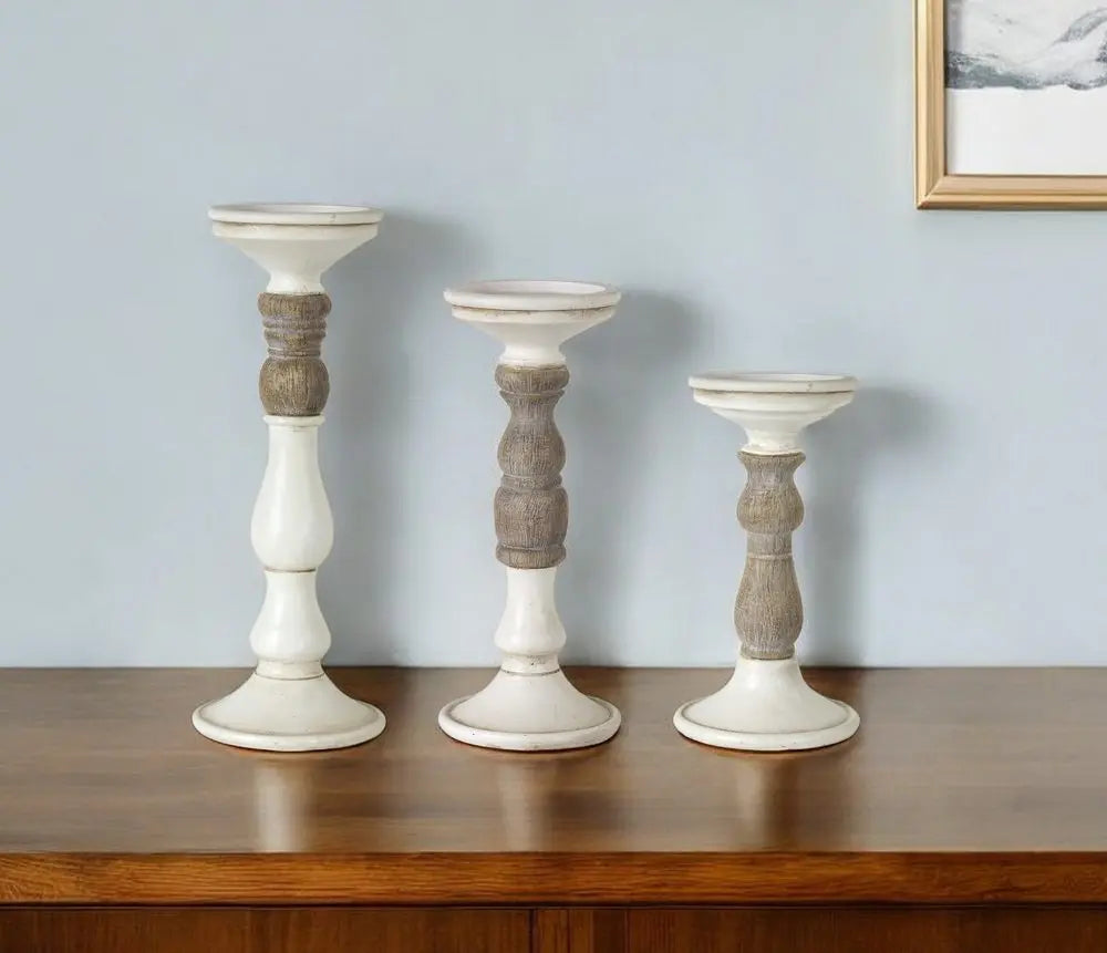 Set of Three Ivory and Natural Resin Tabletop Pillar Candle Holders - NOBLE HOME INTERIORS