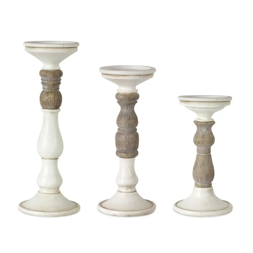Set of Three Ivory and Natural Resin Tabletop Pillar Candle Holders - NOBLE HOME INTERIORS