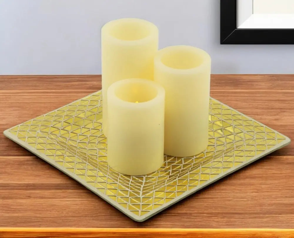 Set of Three Ivory Flameless Pillar Candles With Gold Holder - NOBLE HOME INTERIORS