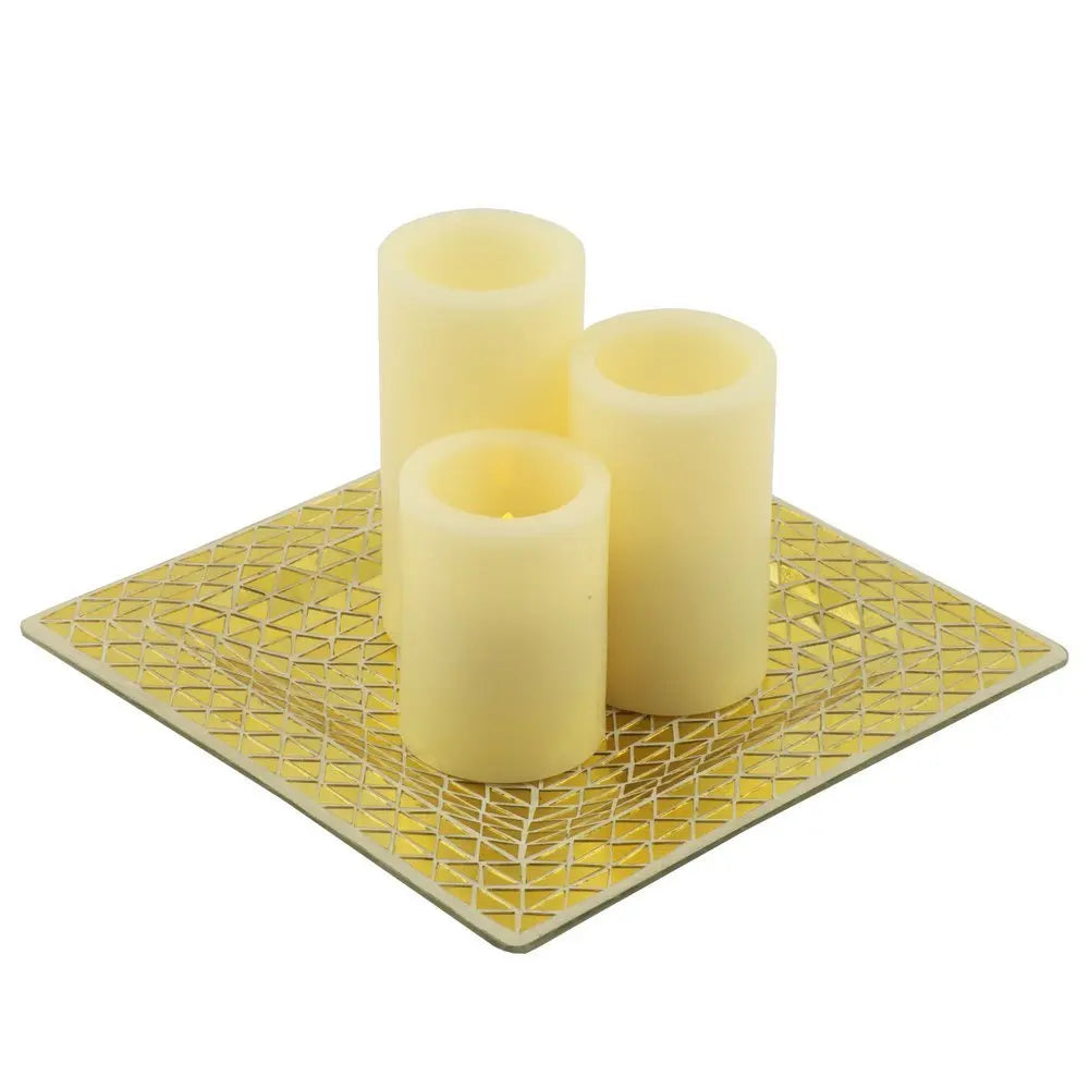 Set of Three Ivory Flameless Pillar Candles With Gold Holder - NOBLE HOME INTERIORS
