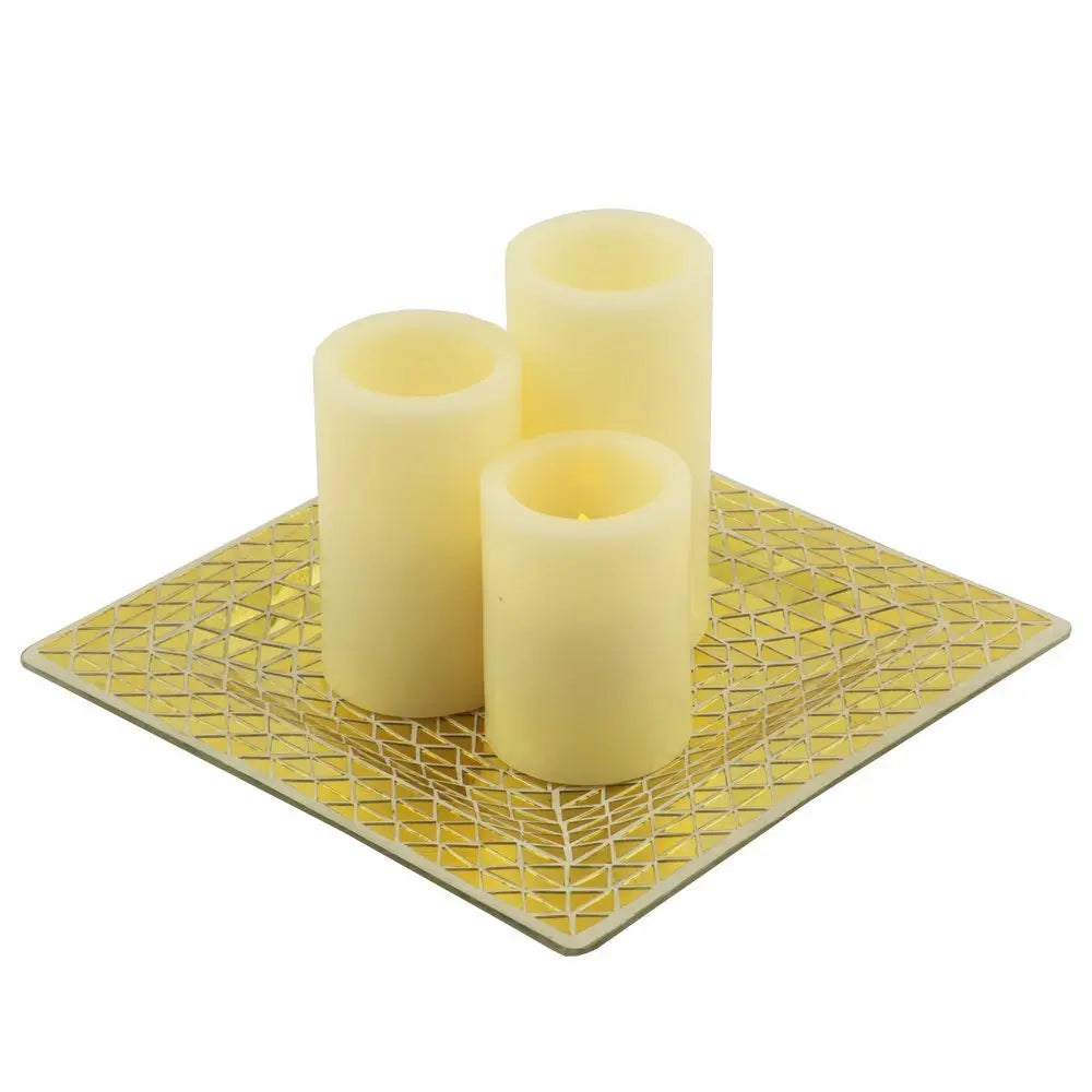 Set of Three Ivory Flameless Pillar Candles With Gold Holder - NOBLE HOME INTERIORS