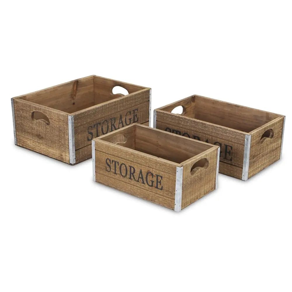 Set of Three Natural Solid Wood And Metal Crate HomeRoots