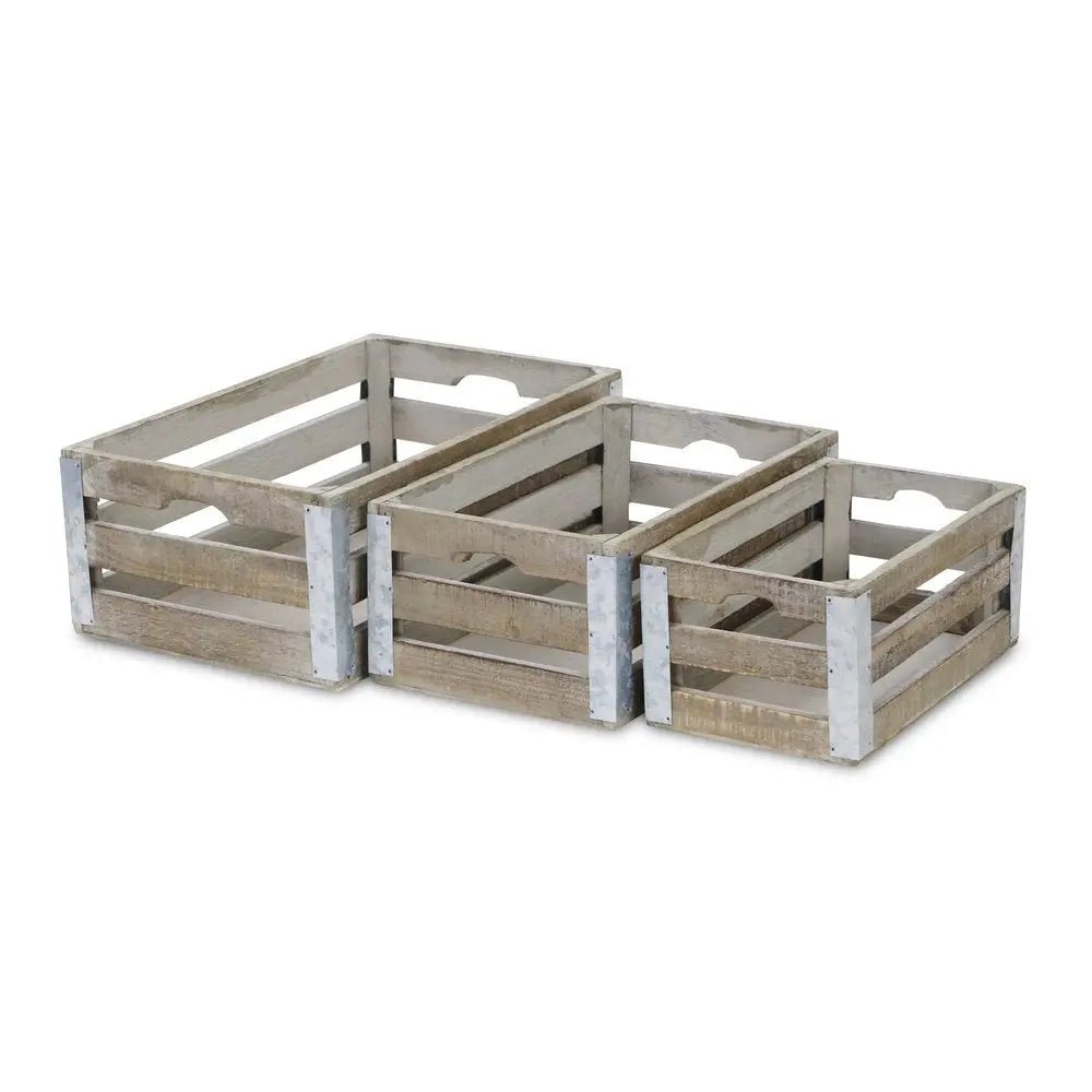 Set of Three Natural Solid Wood And Metal Crate - NOBLE HOME INTERIORS