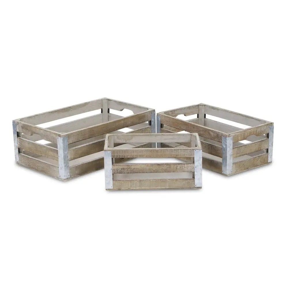 Set of Three Natural Solid Wood And Metal Crate - NOBLE HOME INTERIORS