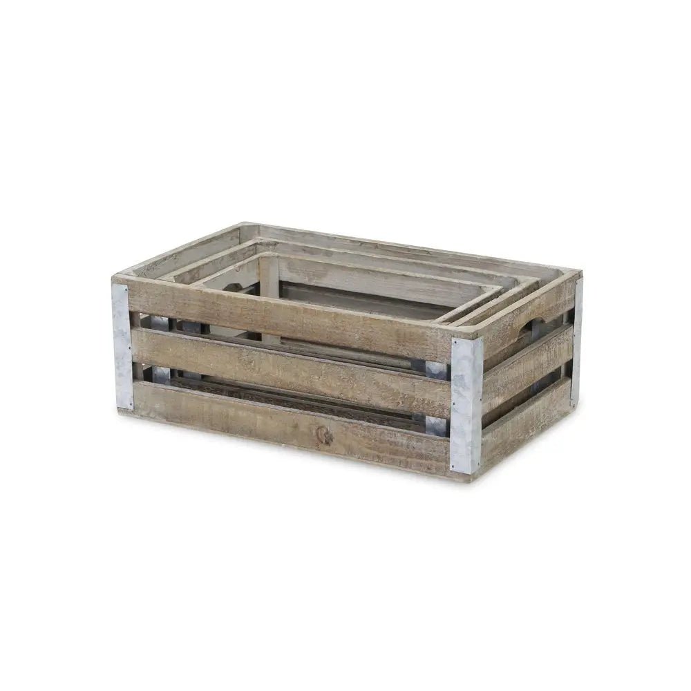 Set of Three Natural Solid Wood And Metal Crate - NOBLE HOME INTERIORS
