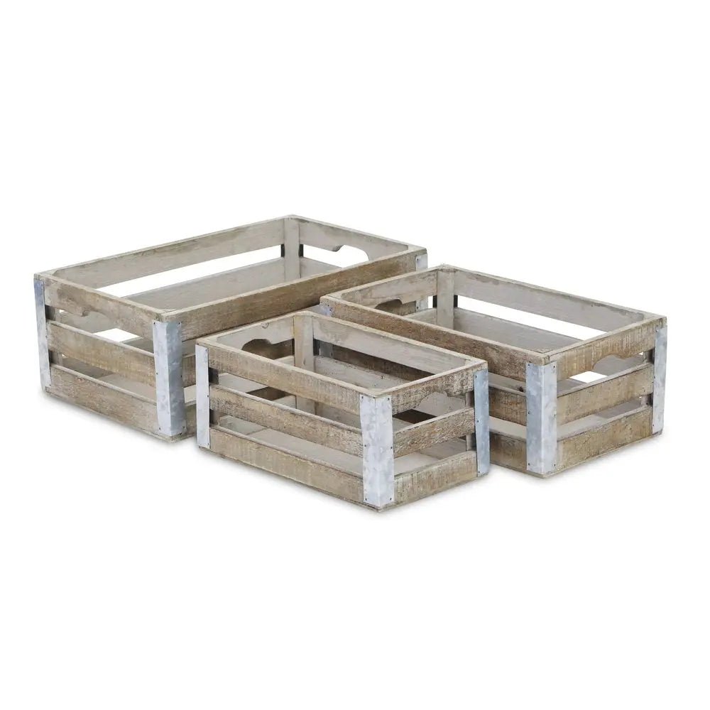 Set of Three Natural Solid Wood And Metal Crate - NOBLE HOME INTERIORS