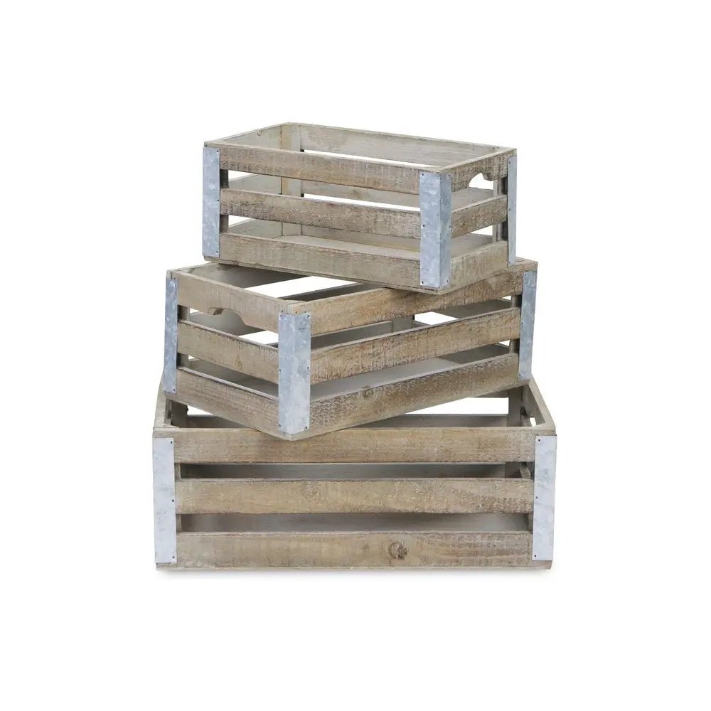 Set of Three Natural Solid Wood And Metal Crate - NOBLE HOME INTERIORS