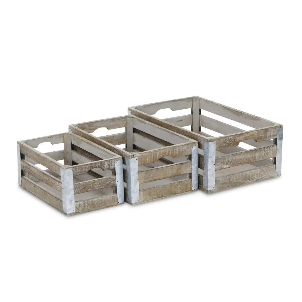 Set of Three Natural Solid Wood And Metal Crate - NOBLE HOME INTERIORS